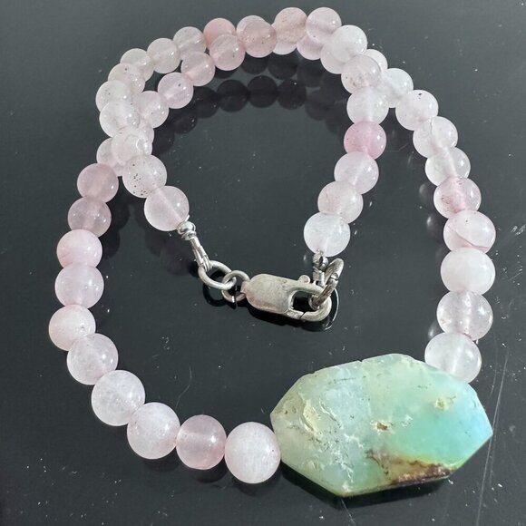 Genuine Chrysoprase Rose Quartz Pendant Necklace Handmade Silver Choker Gift